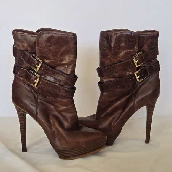 Michael Kors Distressed Leather Mocha Mae Platform Shearling Boots Size 8.5 - Picture 1 of 9
